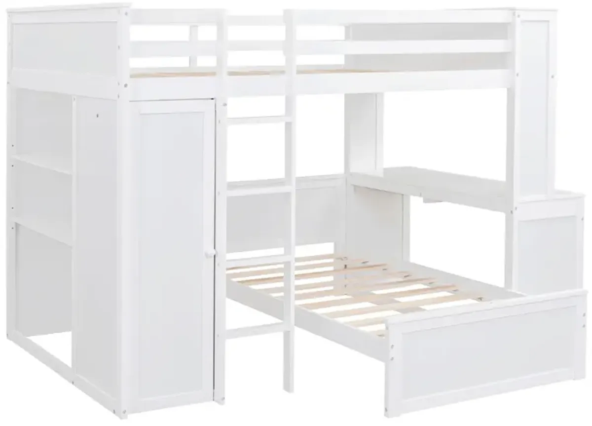 Full Size Loft Bed With A Twin Size Stand-Alone Bed, Shelves, Desk, And Wardrobe