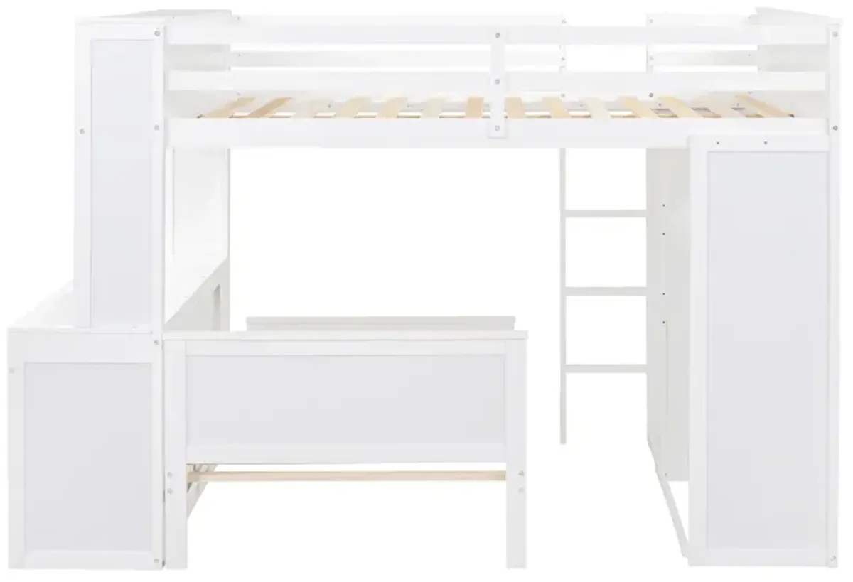 Full Size Loft Bed With A Twin Size Stand-Alone Bed, Shelves, Desk, And Wardrobe