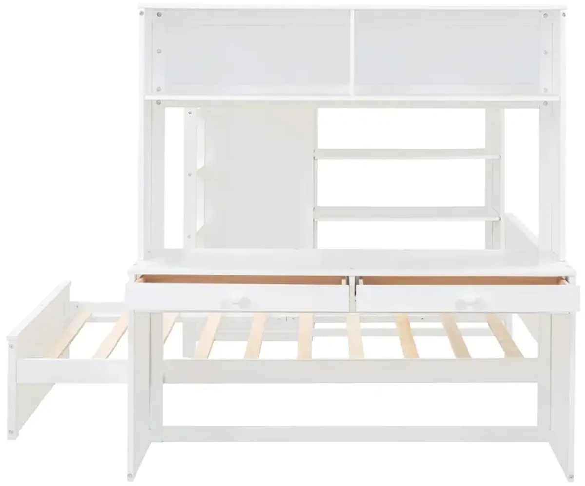 Full Size Loft Bed With A Twin Size Stand-Alone Bed, Shelves, Desk, And Wardrobe