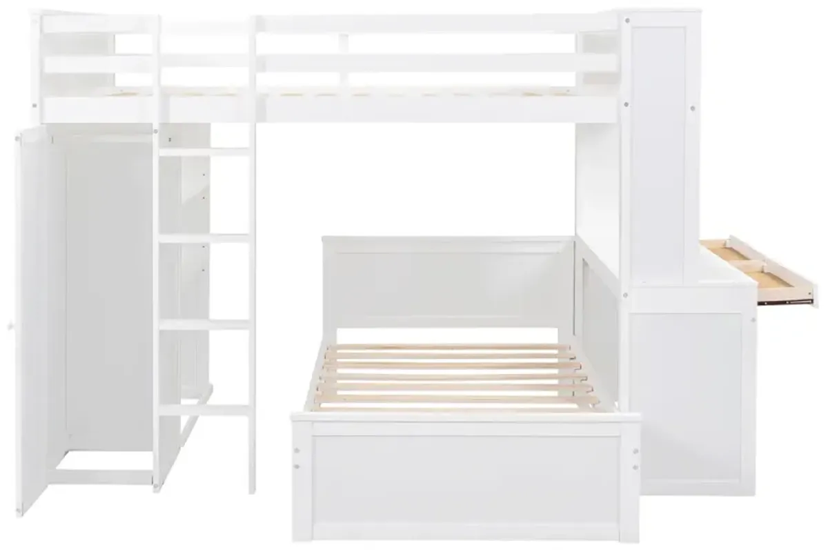 Full Size Loft Bed With A Twin Size Stand-Alone Bed, Shelves, Desk, And Wardrobe