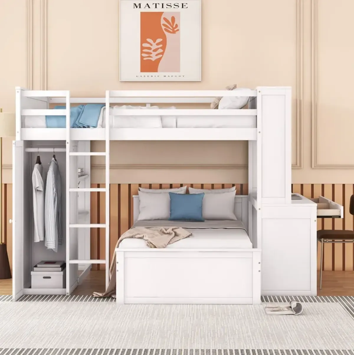 Full Size Loft Bed With A Twin Size Stand-Alone Bed, Shelves, Desk, And Wardrobe