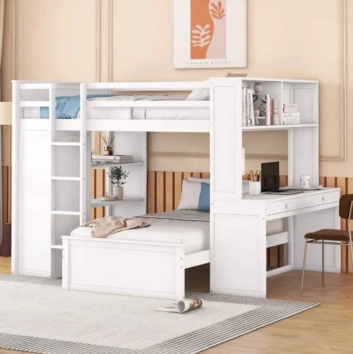 Full Size Loft Bed With A Twin Size Stand-Alone Bed, Shelves, Desk, And Wardrobe