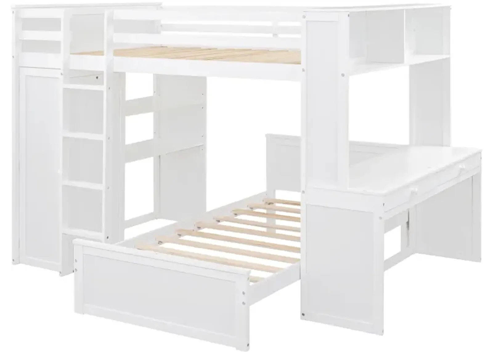 Full Size Loft Bed With A Twin Size Stand-Alone Bed, Shelves, Desk, And Wardrobe