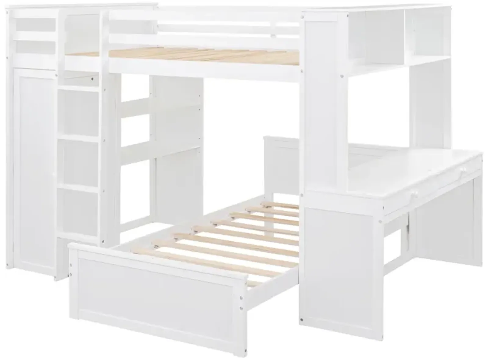 Full Size Loft Bed With A Twin Size Stand-Alone Bed, Shelves, Desk, And Wardrobe