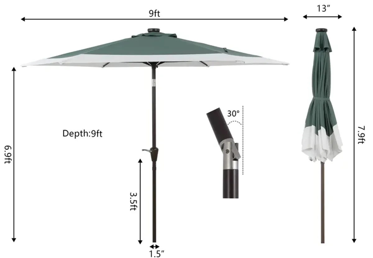 Spencer Classic Coastal 2-Tone Solar LED Market Patio Umbrella with 12 LED Strip Lights, Auto-Tilt, Crank and UV Protection