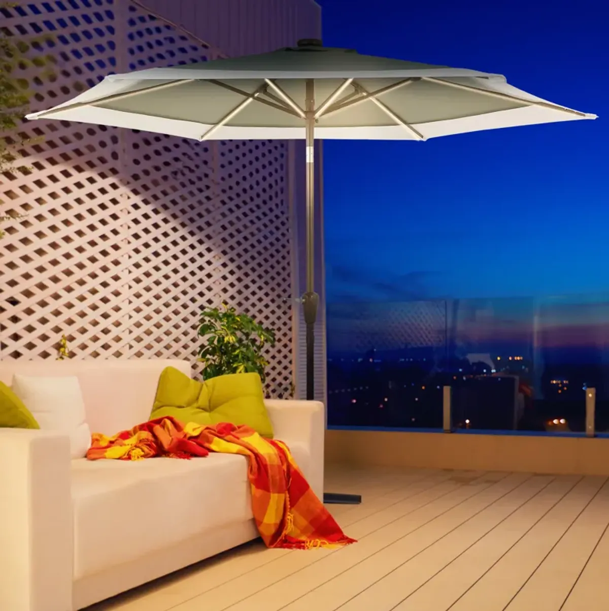 Spencer Classic Coastal 2-Tone Solar LED Market Patio Umbrella with 12 LED Strip Lights, Auto-Tilt, Crank and UV Protection