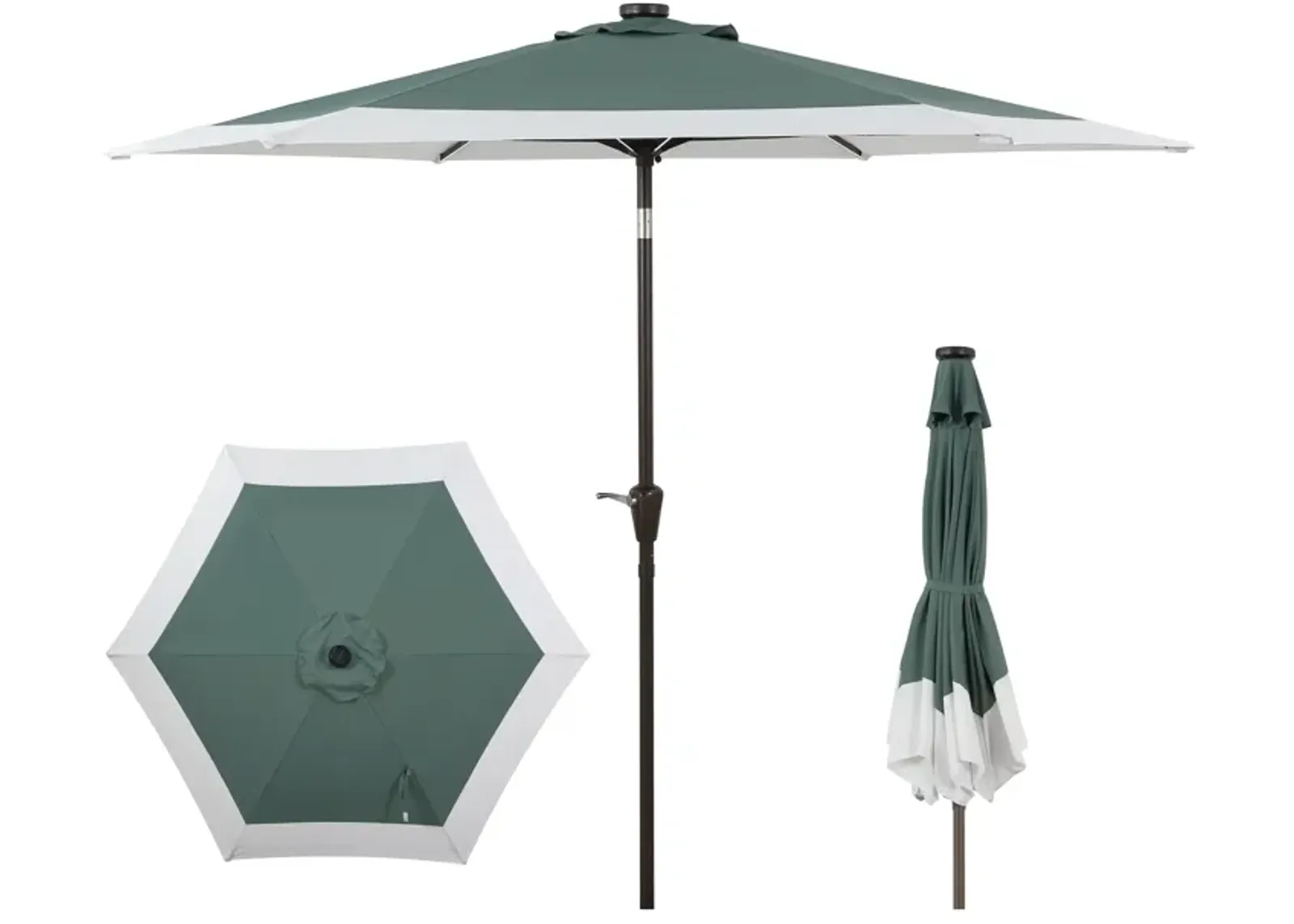 Spencer Classic Coastal 2-Tone Solar LED Market Patio Umbrella with 12 LED Strip Lights, Auto-Tilt, Crank and UV Protection