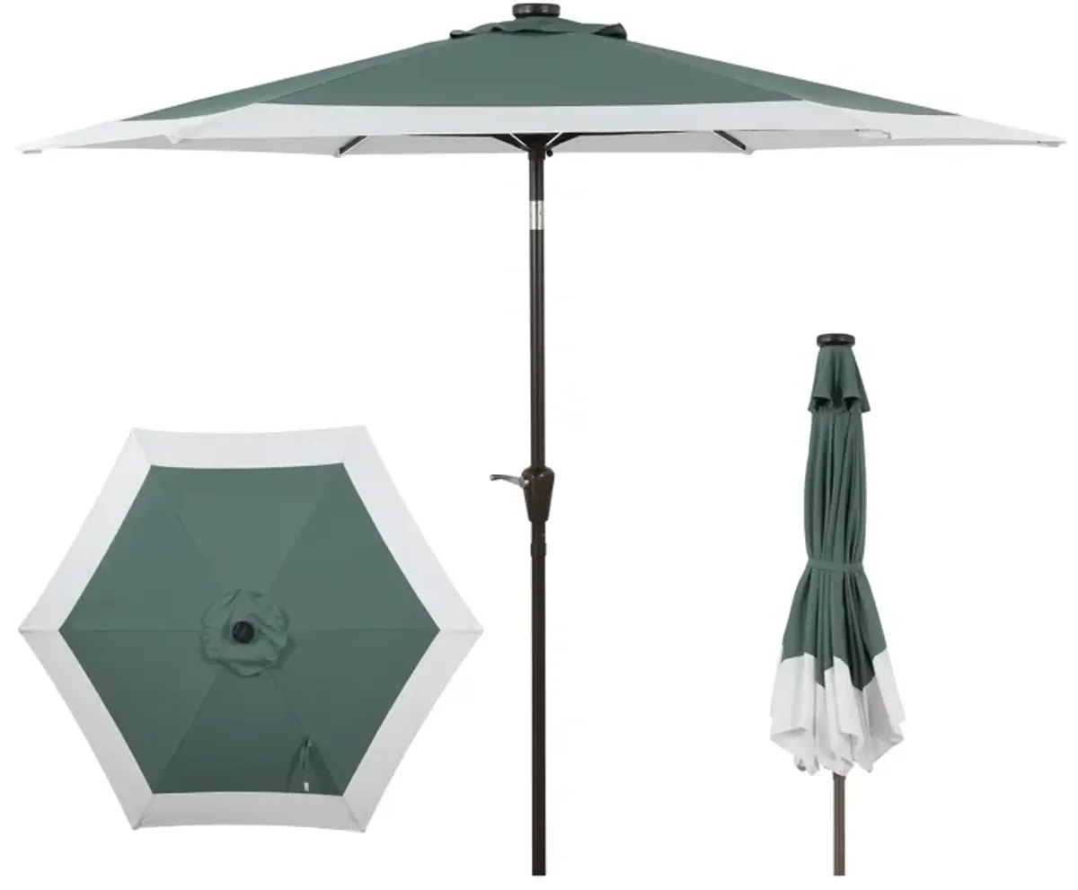 Spencer Classic Coastal 2-Tone Solar LED Market Patio Umbrella with 12 LED Strip Lights, Auto-Tilt, Crank and UV Protection