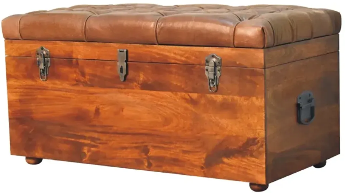 Artisan Furniture Buffalo Brown Leather  Hide  Chestnut Solid Wood  Storage Trunk