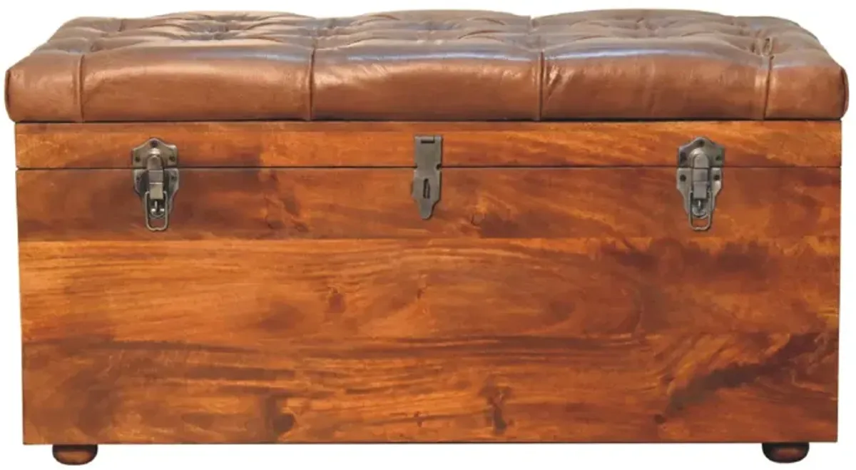 Artisan Furniture Buffalo Brown Leather  Hide  Chestnut Solid Wood  Storage Trunk