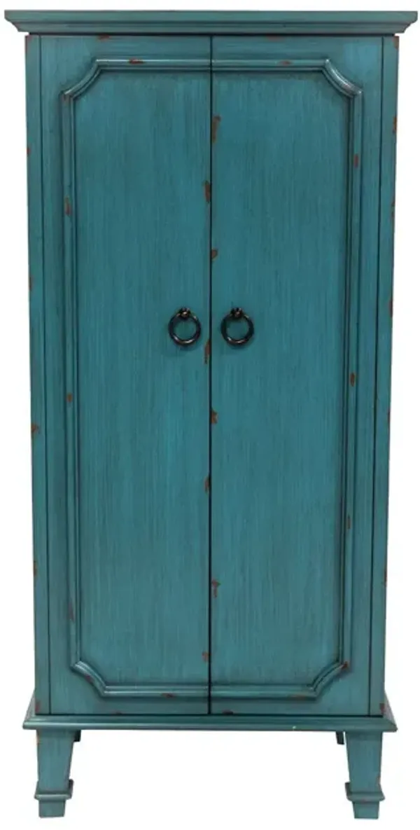 Tall Wooden Jewelry Chest with Multiple Drawers and Turquoise Detailing