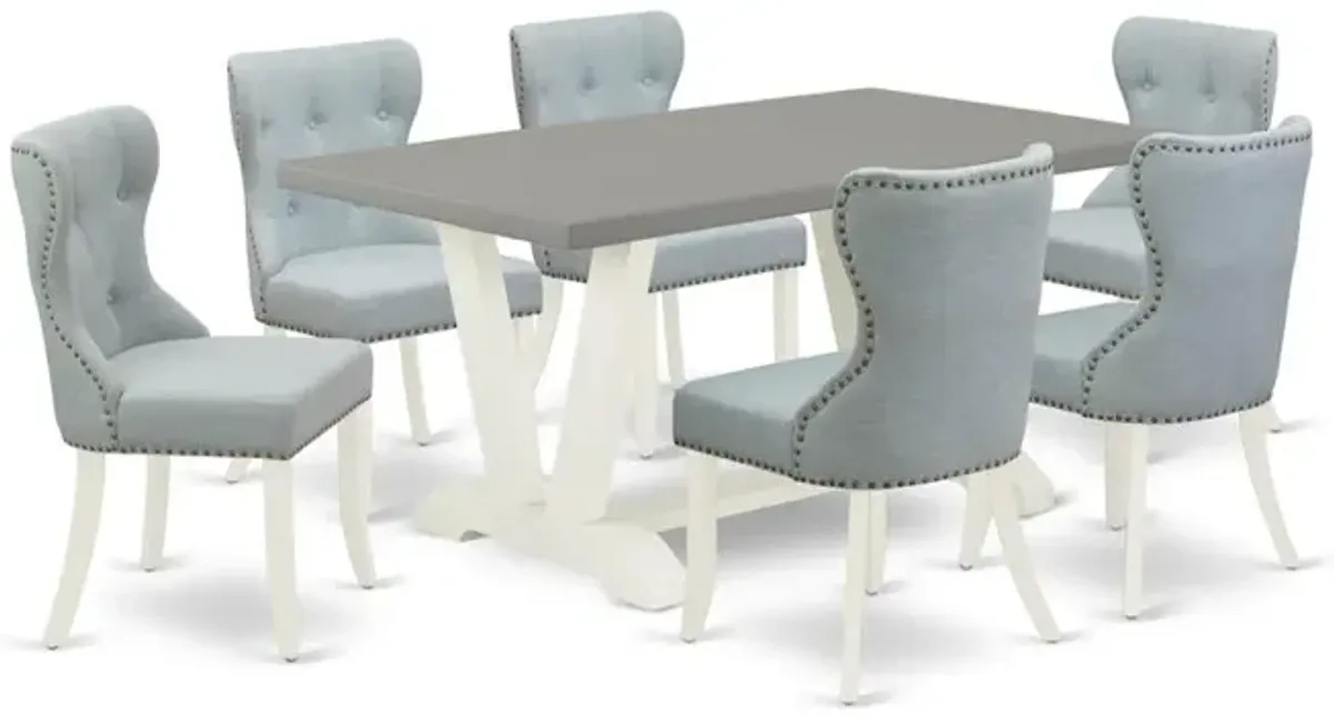East West Furniture V096SI215-7 7-Pc Dining Room Set- 6 Mid Century Dining Chairs with Baby Blue Linen Fabric Seat and Button Tufted Chair Back - Rectangular Table Top & Wooden Legs - Cement and Linen