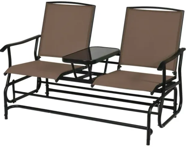 2-Person Double Rocking Loveseat with Mesh Fabric and Center Tempered Glass Table