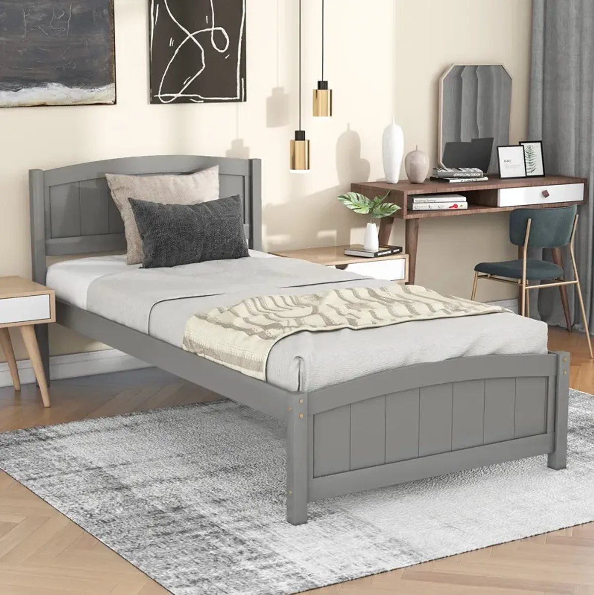 Whisen Twin Size Platform Bed with Sturdy Pinewood Frame and Legs - White