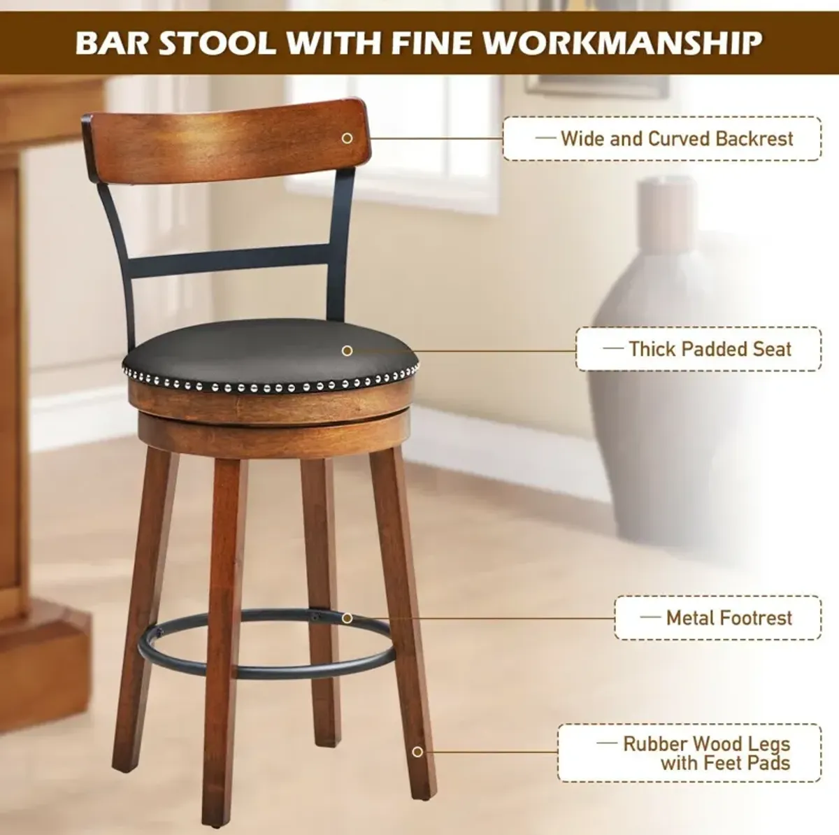 360-Degree Bar Swivel Stools with Leather Padded