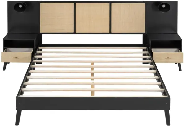 Whisen Queen Size Solid Wood Bed Frame with 2 Nightstands - Grey