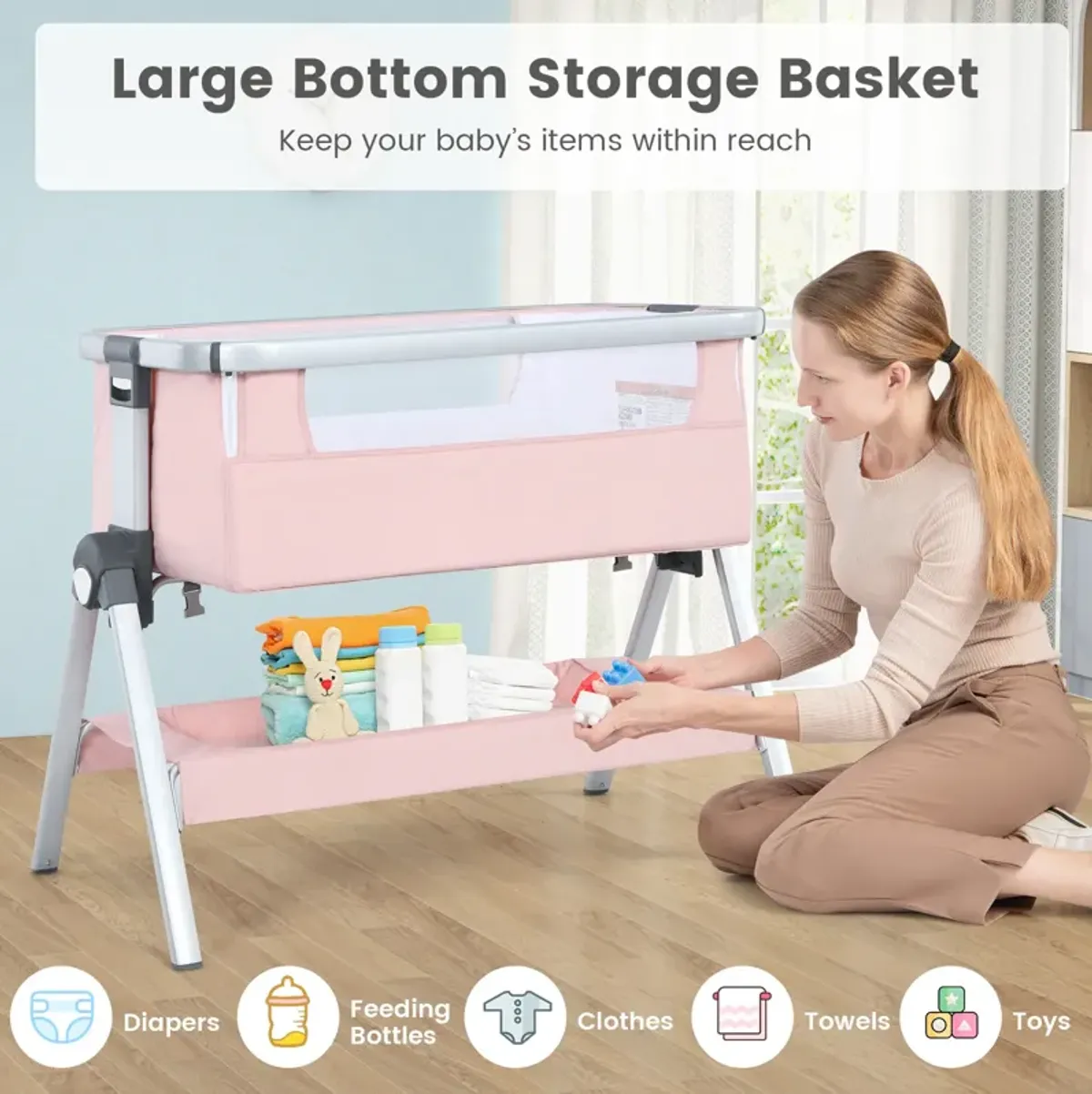 Baby Bassinet Bedside Sleeper with Storage Basket and Wheel for Newborn