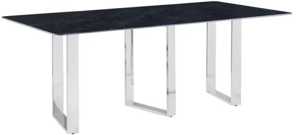 Eden Dining Table, Metal Base, Rectangular Gray Sintered Stone 79 Inch - Benzara