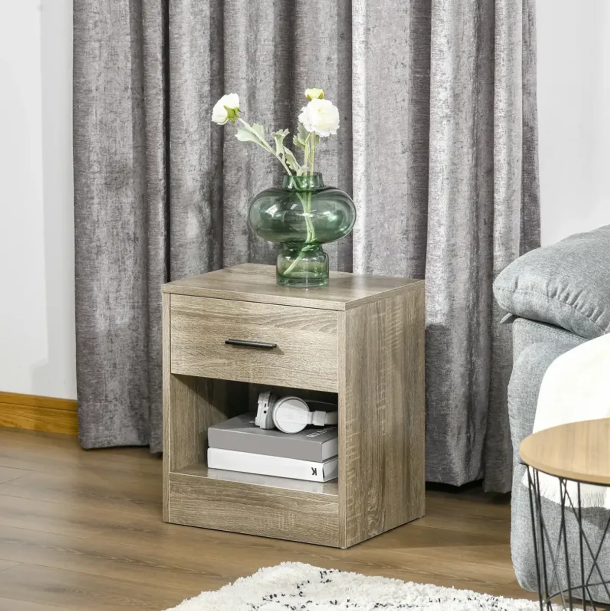 HOMCOM Side Table, Small End Table with Storage Shelf and Drawer, Modern Bedside Table for Bedroom or Living Room, Gray Wood Grain