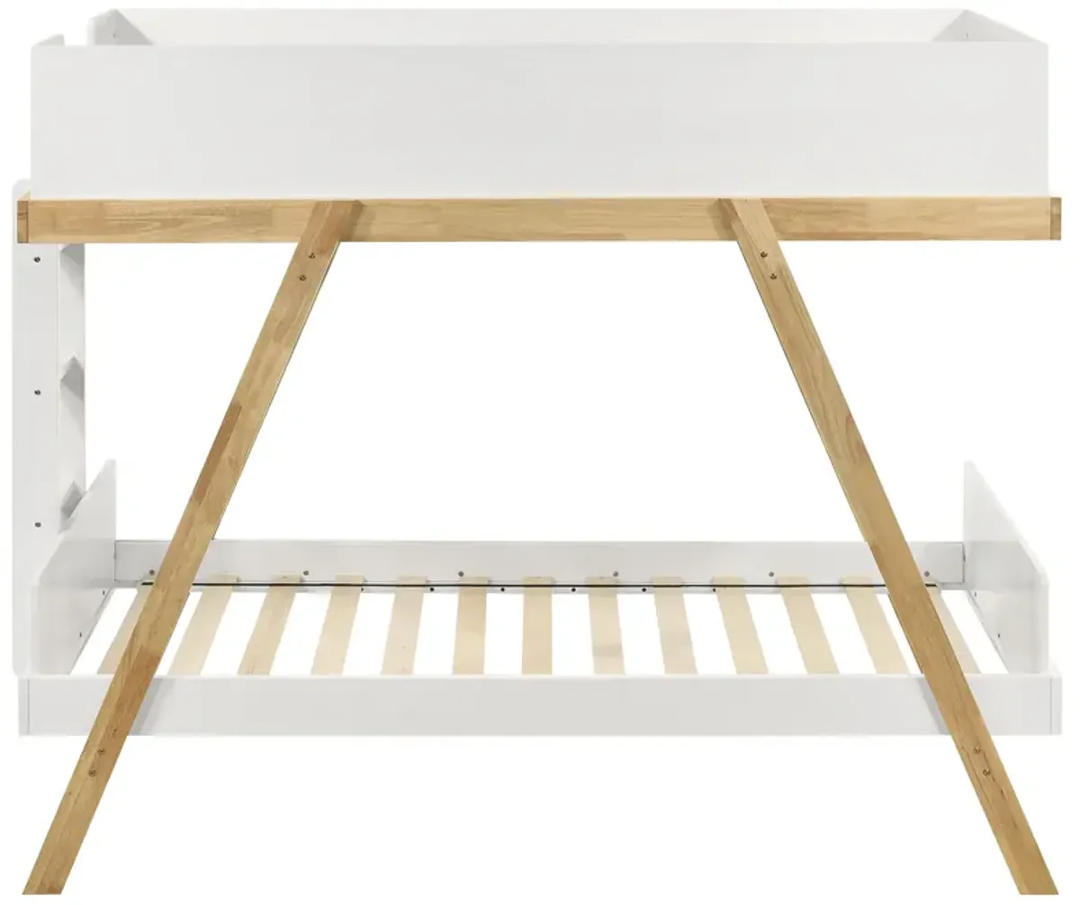 Anky Twin Size Bunk Bed, Brown Wood, 3 Side Panel Rails, Ladder, White - Benzara