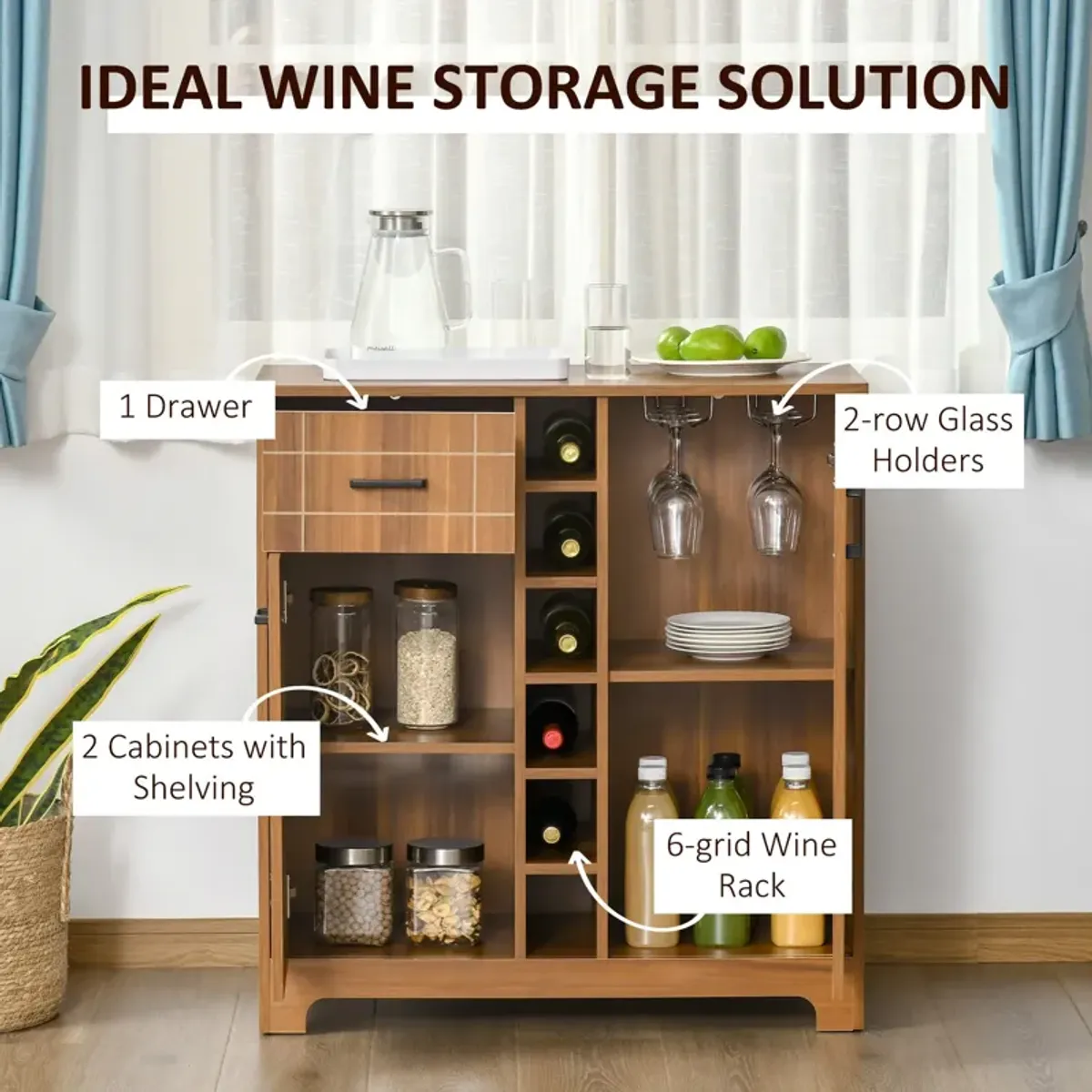 Brown Vintage Storage: Wine Cabinet with 6-Bottle Holder & Glass Rack