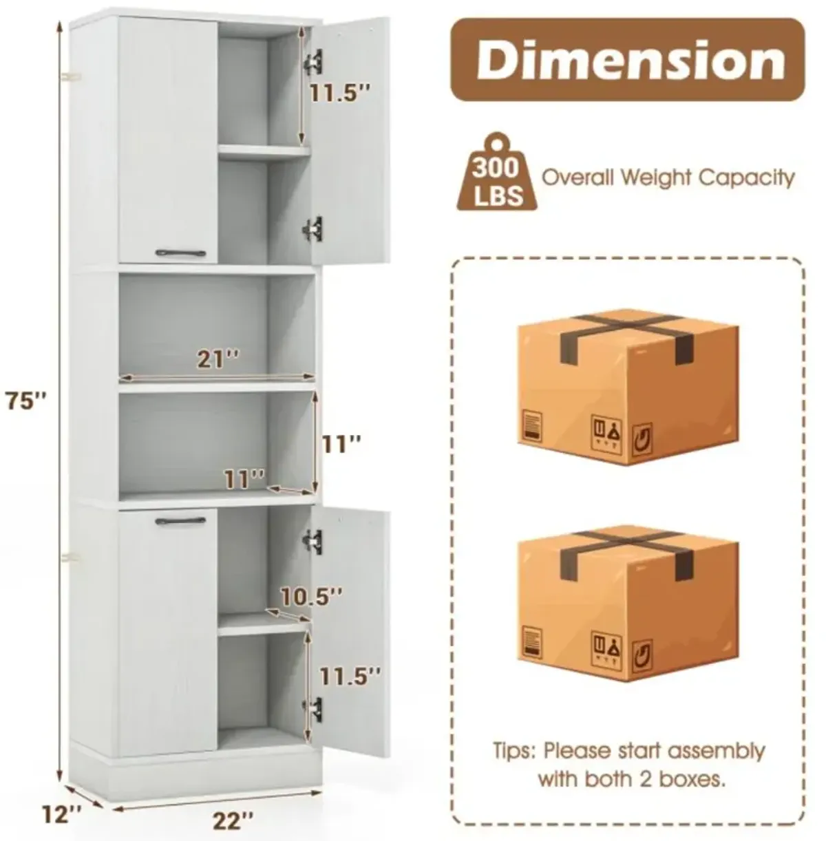 Hivvago 75 Inch Kitchen Pantry Cabinet Tall Cupboard with Doors and Shelves