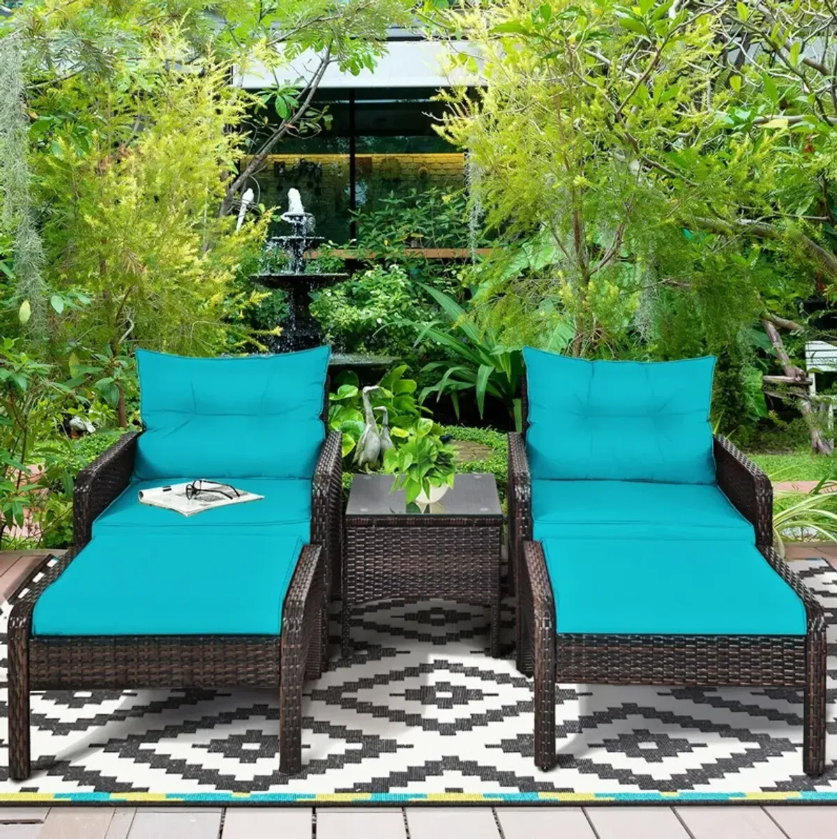 5 Pieces Patio Rattan Sofa Ottoman Furniture Set with Cushions