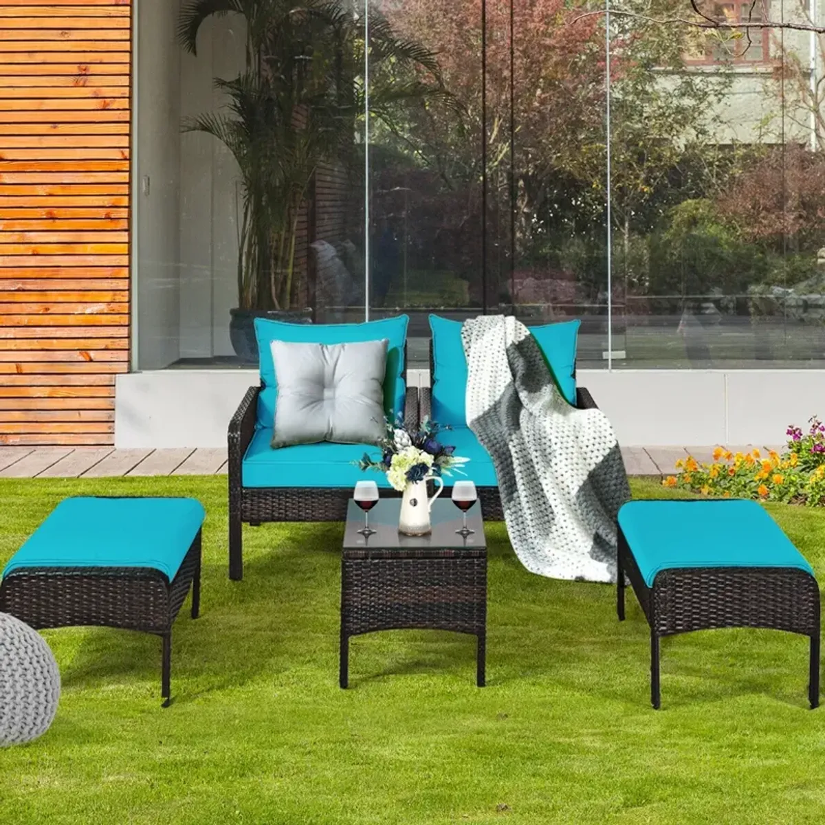 5 Pieces Patio Rattan Sofa Ottoman Furniture Set with Cushions