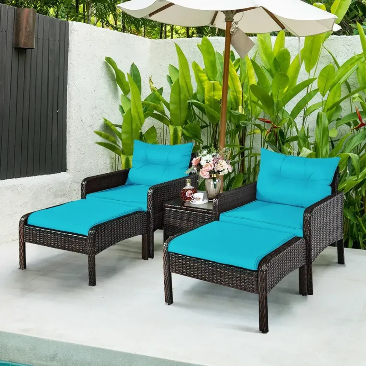 5 Pieces Patio Rattan Sofa Ottoman Furniture Set with Cushions