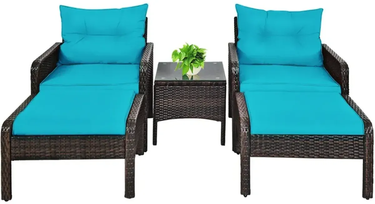 5 Pieces Patio Rattan Sofa Ottoman Furniture Set with Cushions