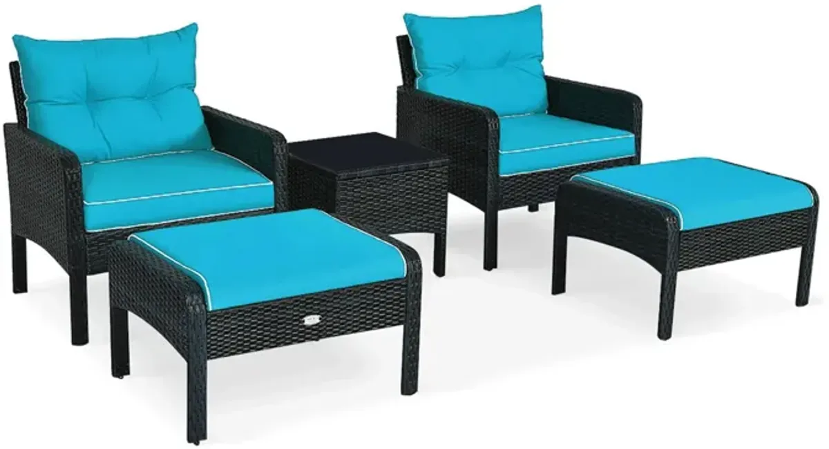 5 Pieces Patio Rattan Sofa Ottoman Furniture Set with Cushions