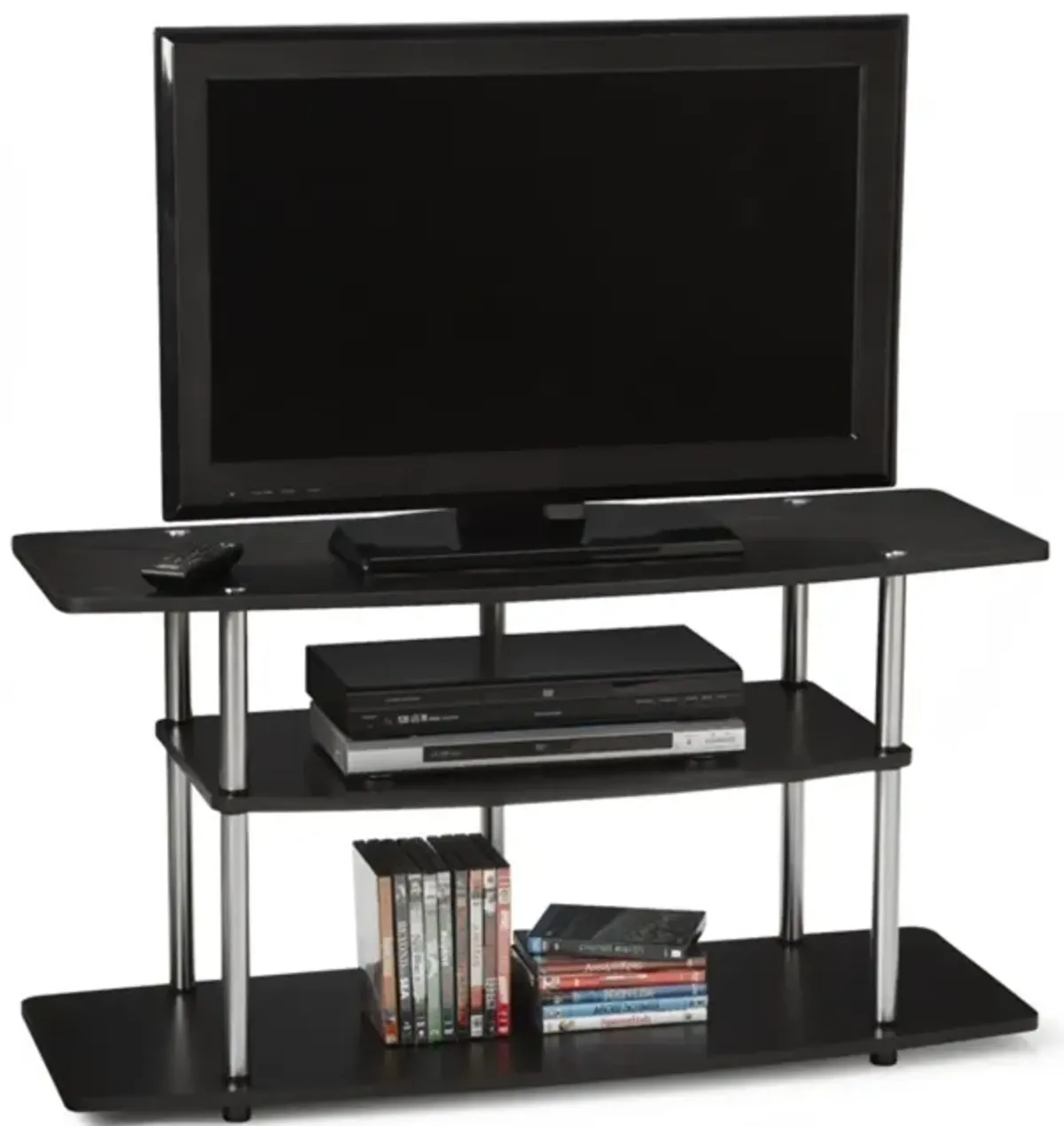 Hivvago 3-Tier Flat Screen TV Stand in Black Wood Grain / Stainless Steel