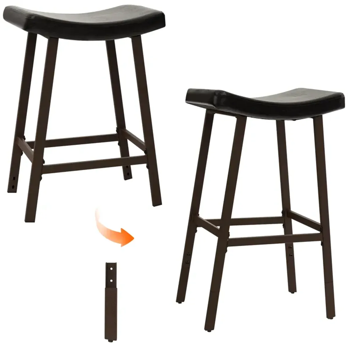 Bar Stools Set of 2 with PU Leather Upholstered Saddle Seat and Footrest-Brown