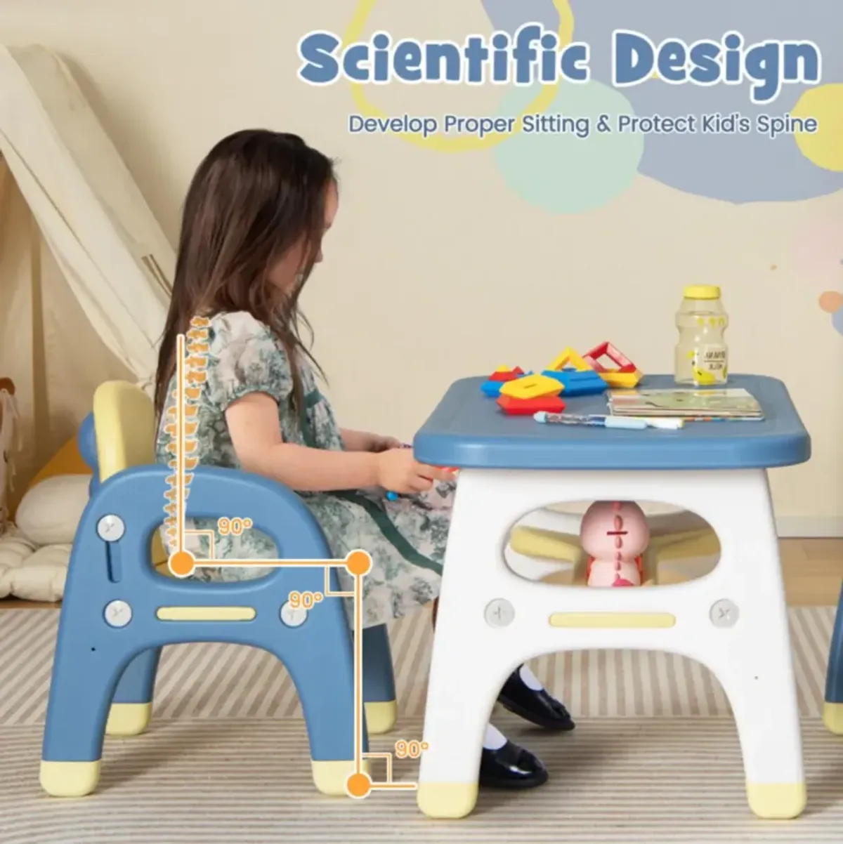 Hivvago Kids Table and 2 Chairs Set with Storage Shelf and Building Blocks