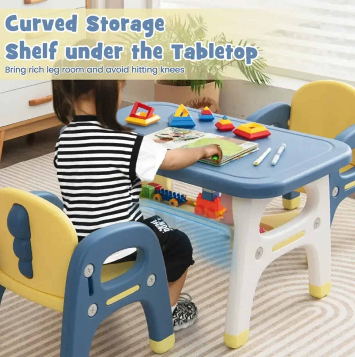 Hivvago Kids Table and 2 Chairs Set with Storage Shelf and Building Blocks