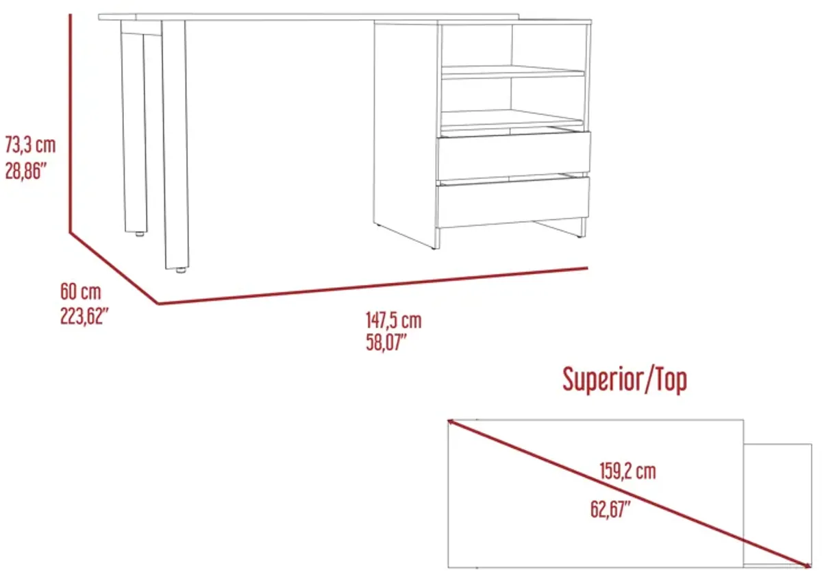 Malaui 120 Desk, Two Legs, Two Drawers, Two Shelves -Light Gray