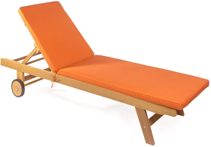 Mallorca 77.56"x23.62" Modern Classic Adjustable Acacia Wood Chaise Outdoor Lounge Chair with Cushion & Wheels, Orange/Natural