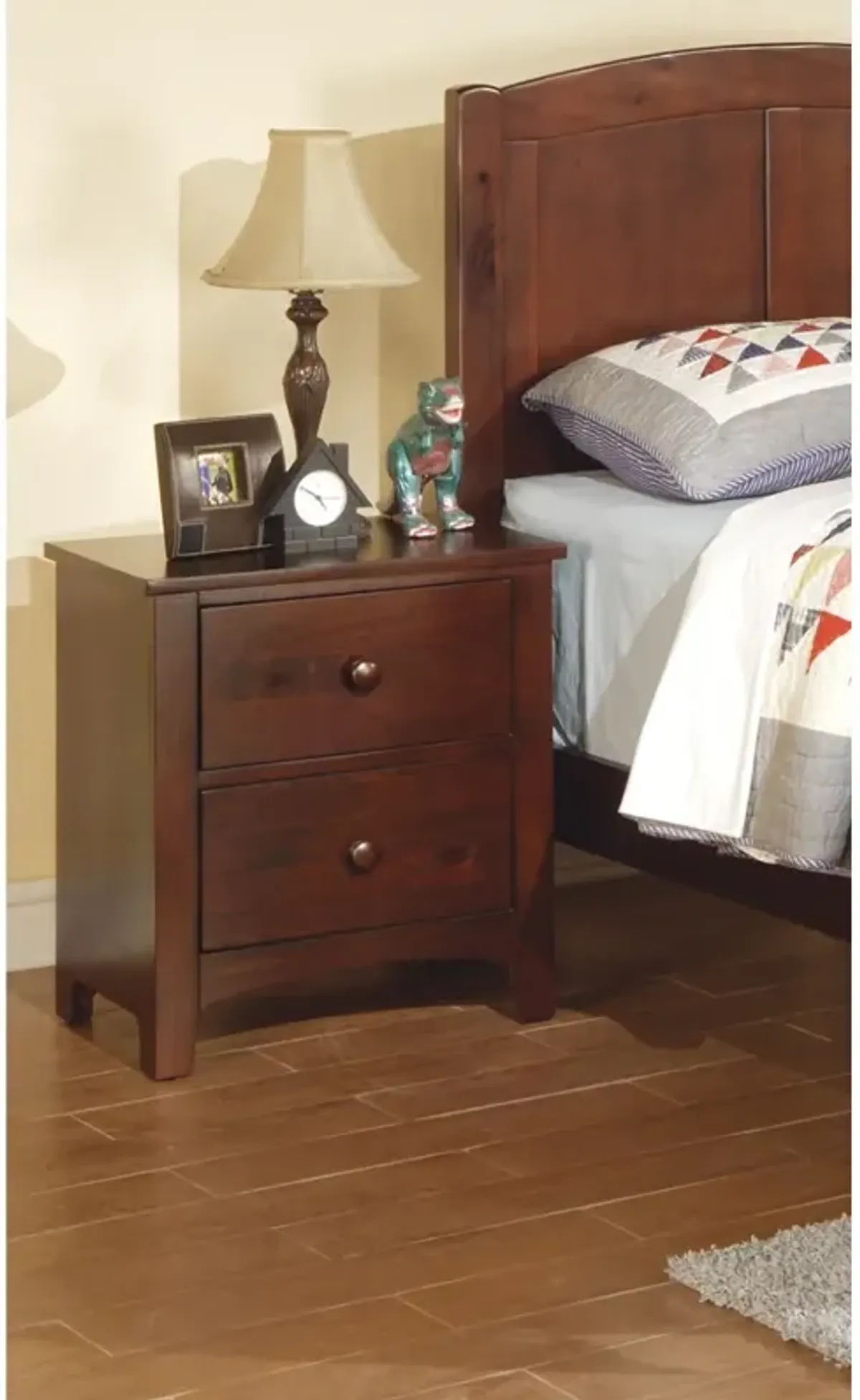 Dark Oak Finish Nightstand 2-Drawers Pine Veneer MDF Wooden 1 Piece Modern Nightstand