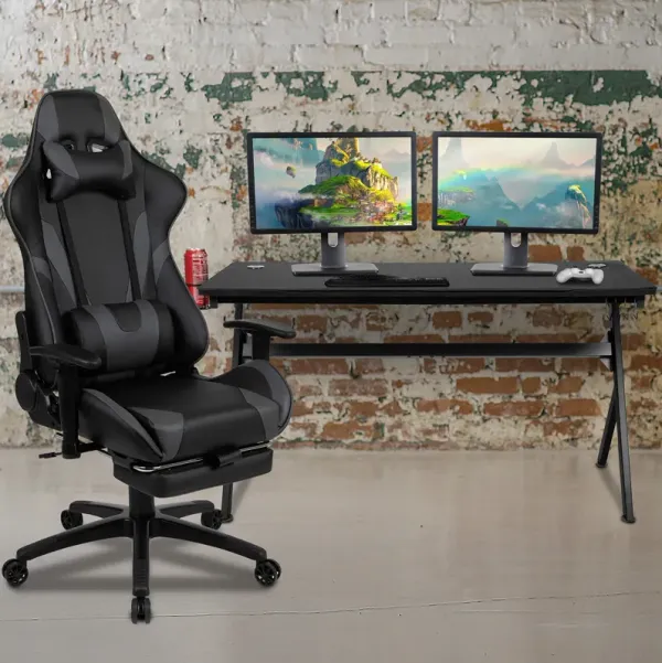 Flash Furniture Optis Gaming Desk and Gray Footrest Reclining Gaming Chair Set - Cup Holder/Headphone Hook/Removable Mouse Pad Top/Wire Management