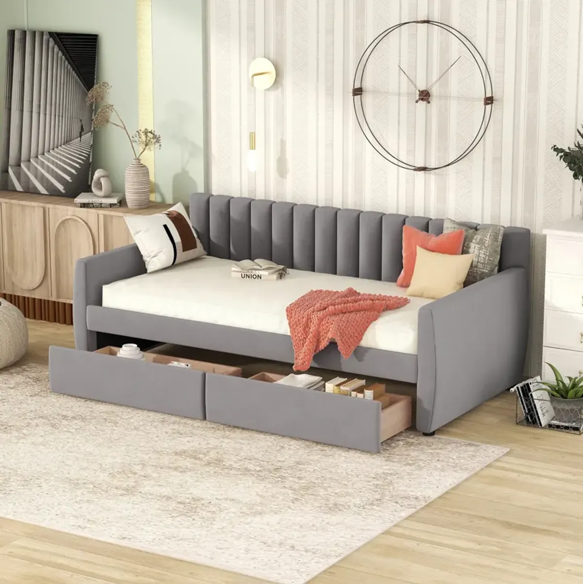 Upholstered daybed with Drawers, Wood Slat Support