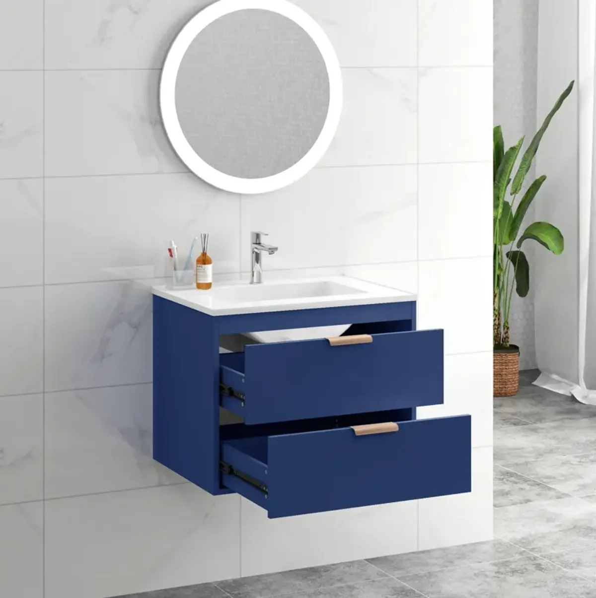 Modern Wall Mount Bathroom Vanity with Undermount Porcelain Sink and MDF Cabinet