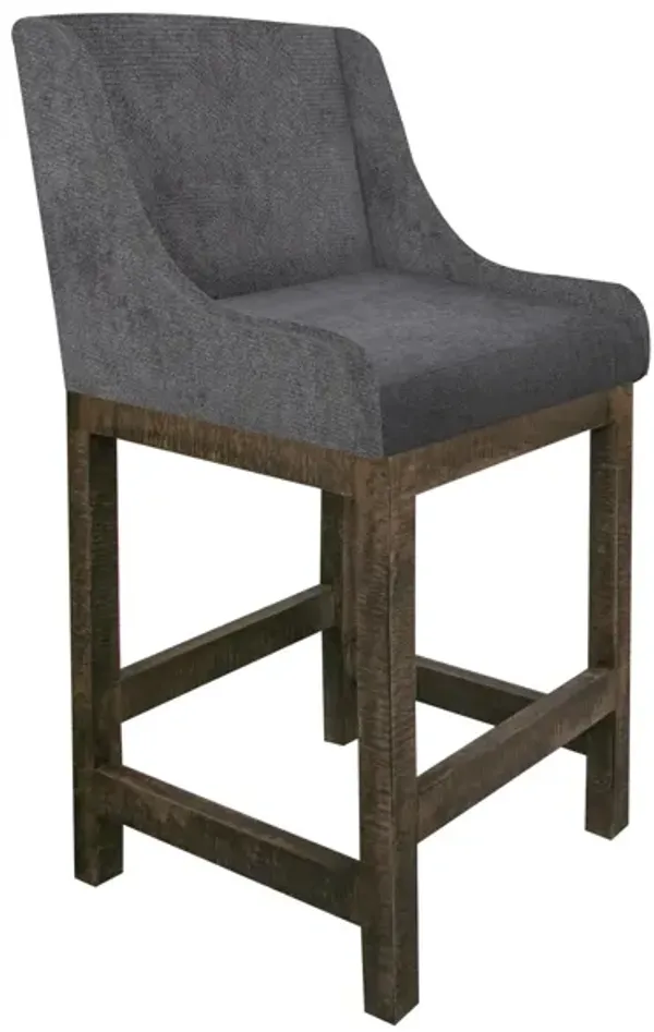 Lamy Barstool Chair, Curved Arms, Compact Solid Pine Wood, Gray Polyester - Benzara