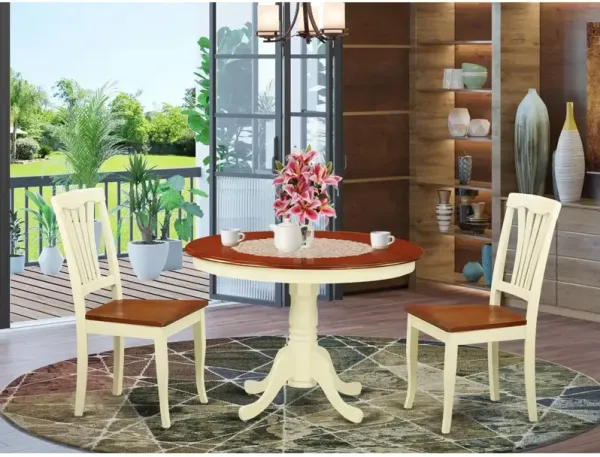 East West Furniture 3  Pc  set  with  a  Round  Small  Table  and  2  Wood  Dinette  Chairs  in  Buttermilk  and  Cherry  .