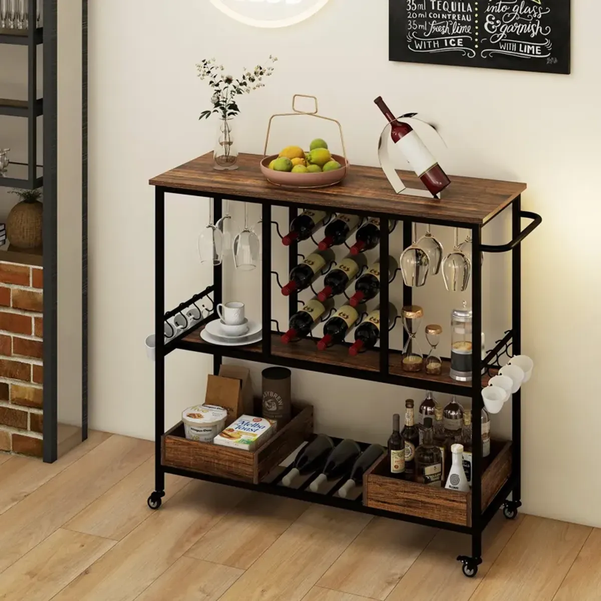 3 Tiers Bar Cart on Wheels with Glass Racks