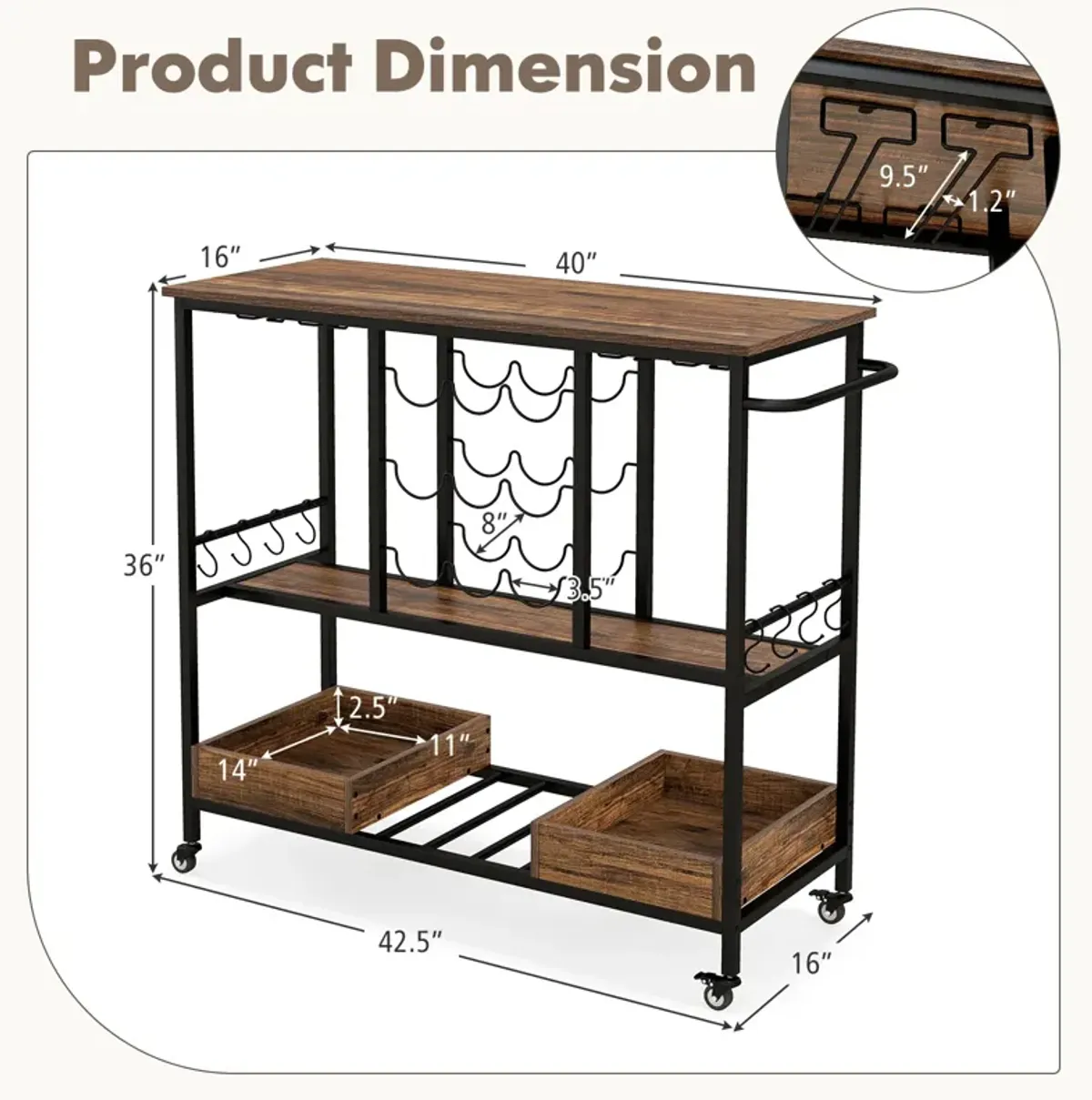 3 Tiers Bar Cart on Wheels with Glass Racks