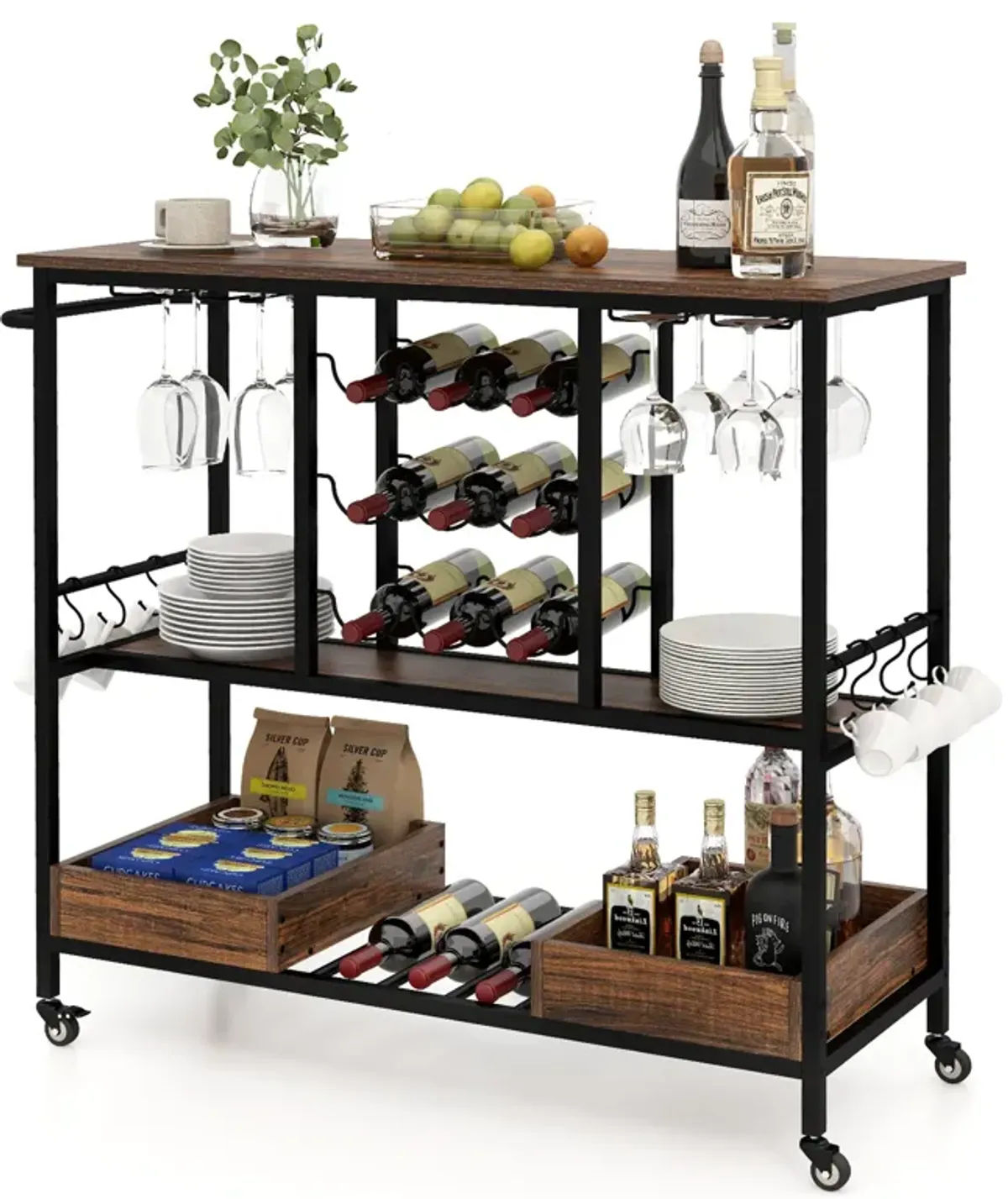 3 Tiers Bar Cart on Wheels with Glass Racks