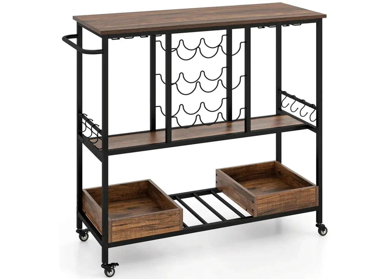 3 Tiers Bar Cart on Wheels with Glass Racks