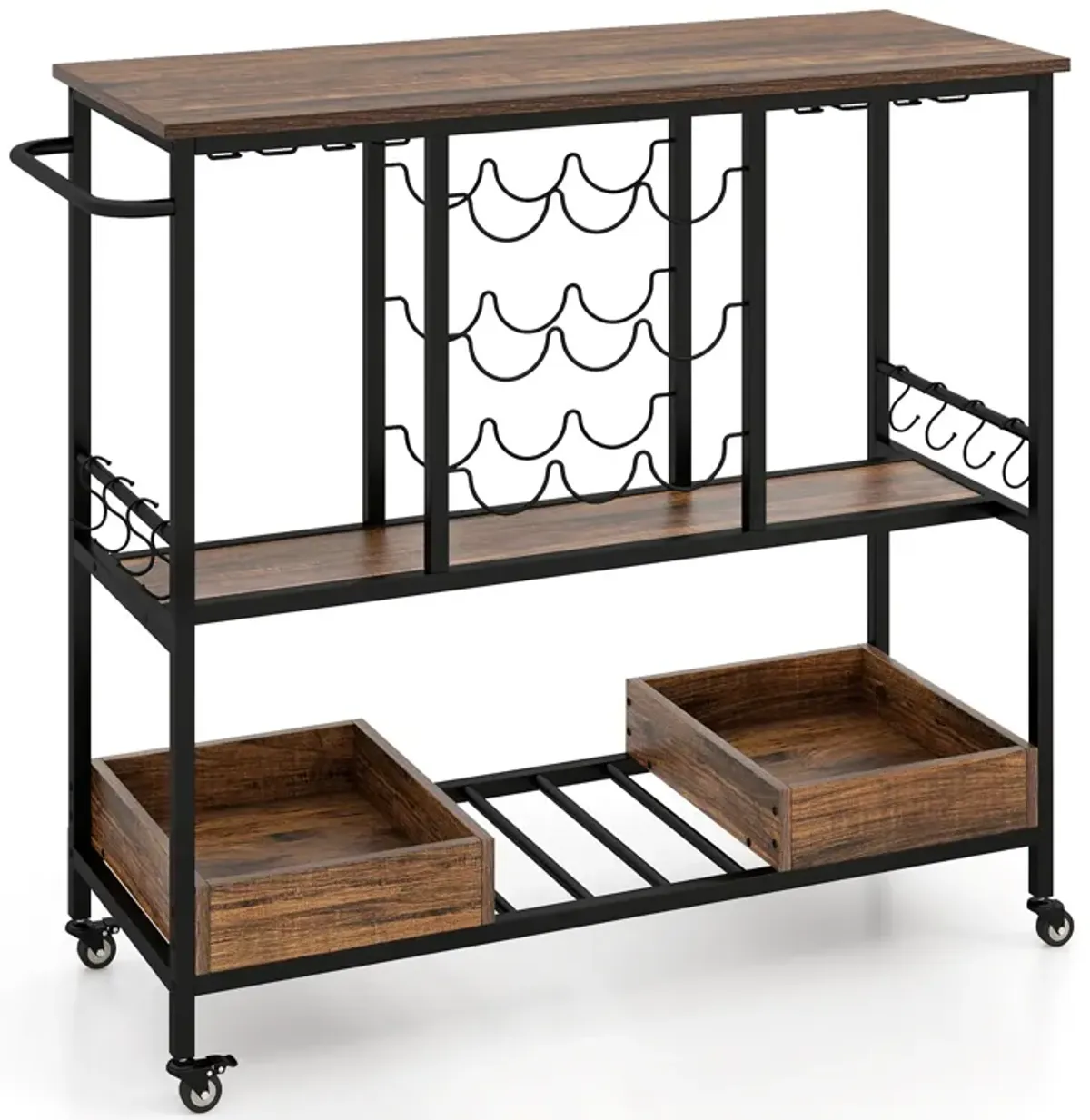 3 Tiers Bar Cart on Wheels with Glass Racks