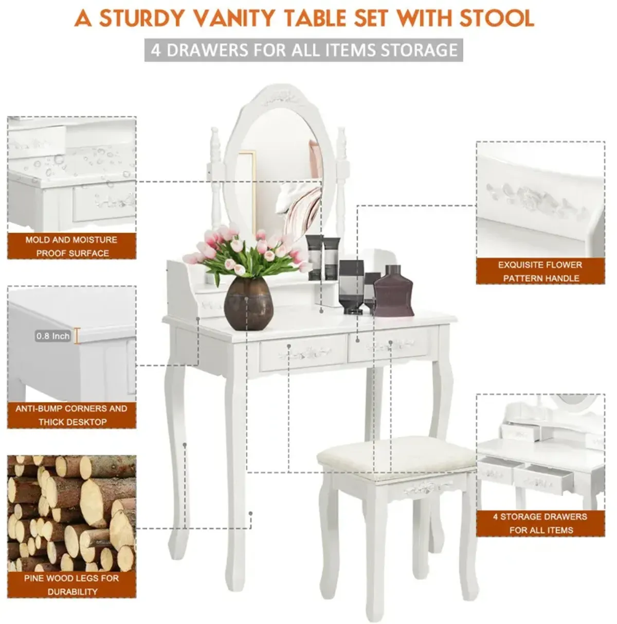 Wood Vanity Table Set with Oval Mirror and 4 Drawers for Kids Girls Women