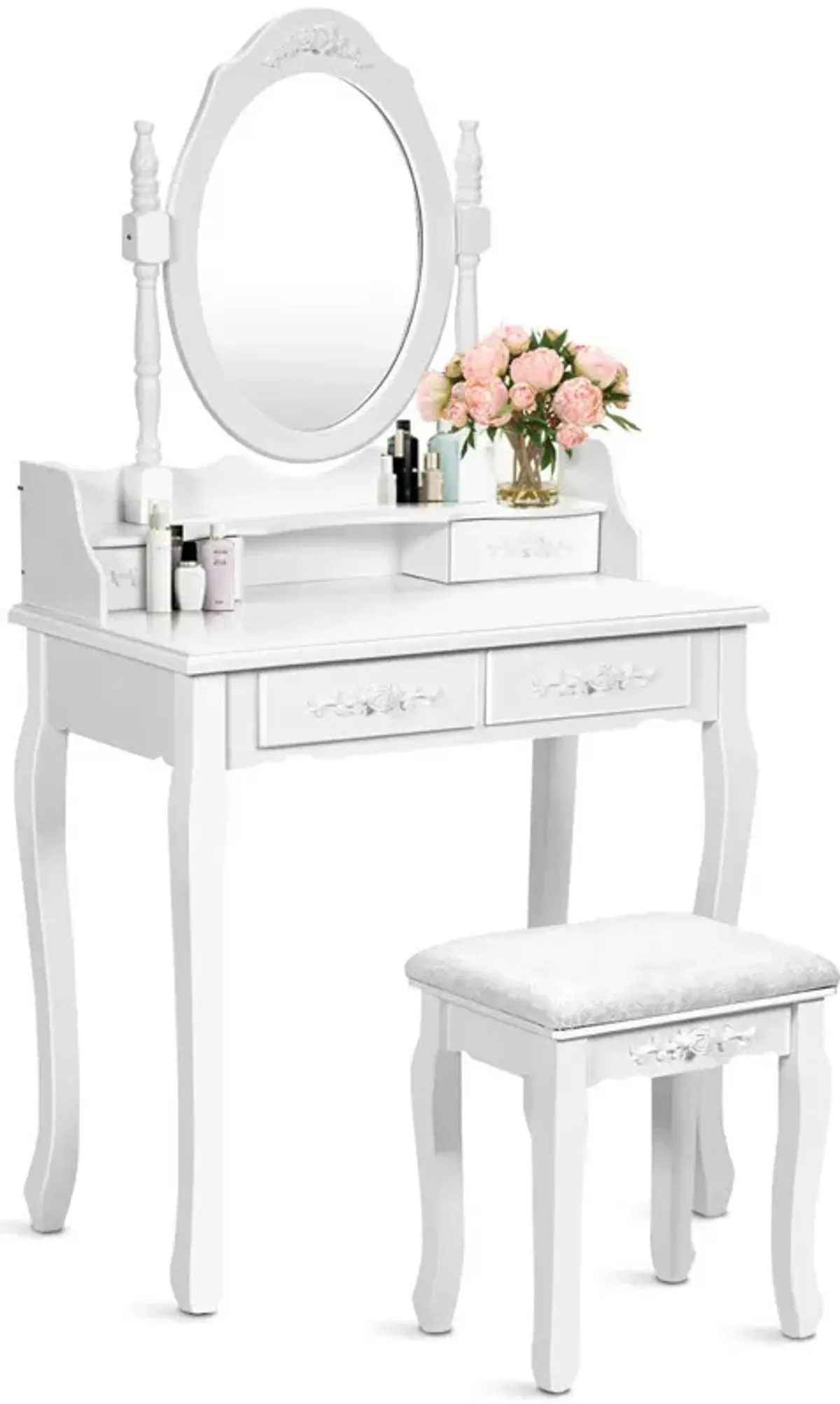 Wood Vanity Table Set with Oval Mirror and 4 Drawers for Kids Girls Women